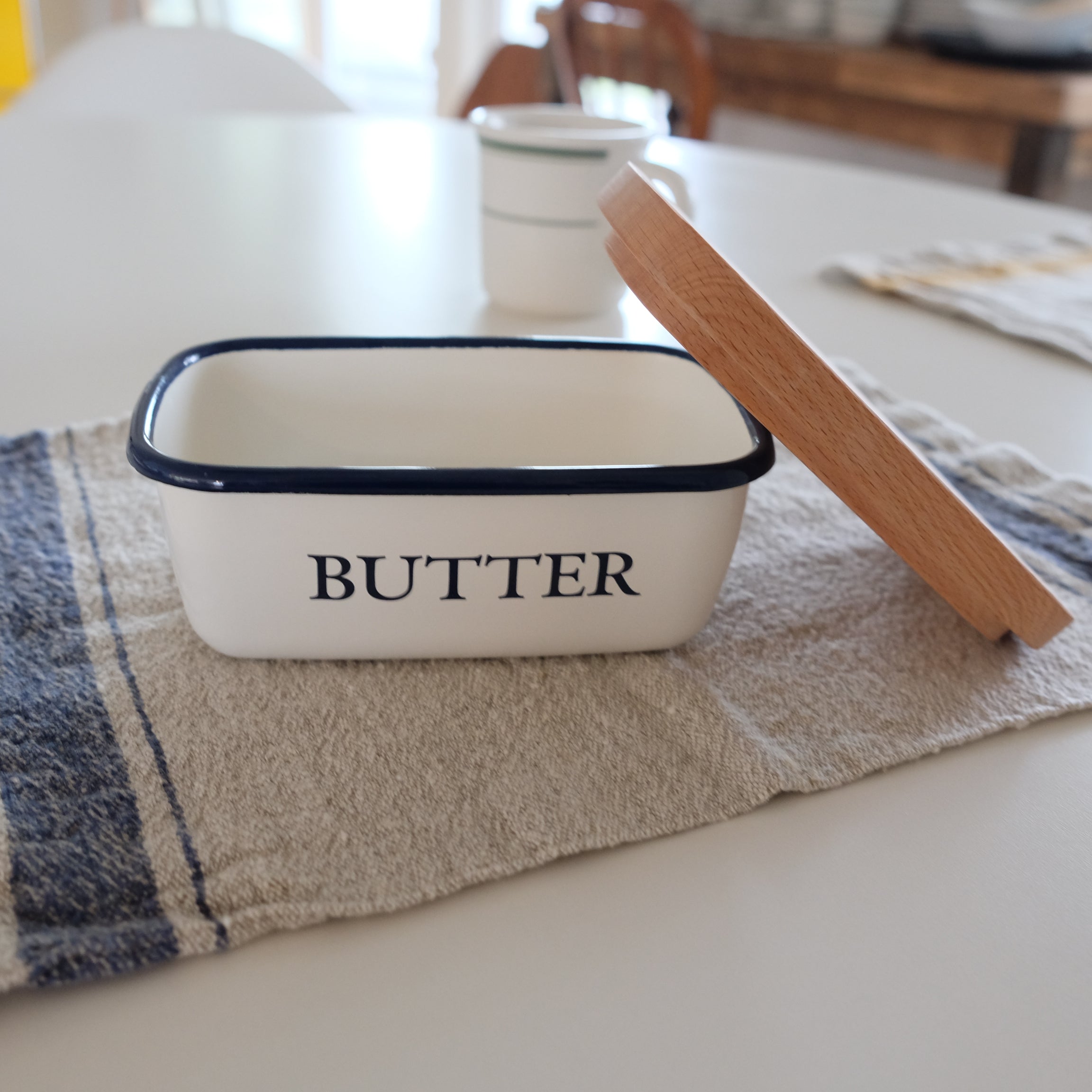 Enamel Butter Dish with Bamboo Cover
